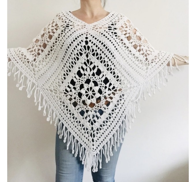  White poncho women, Plus size poncho fringe, Boho wool mohair poncho Girls poncho cape Festival Unisex loose knit  Mohair / Alpaca  