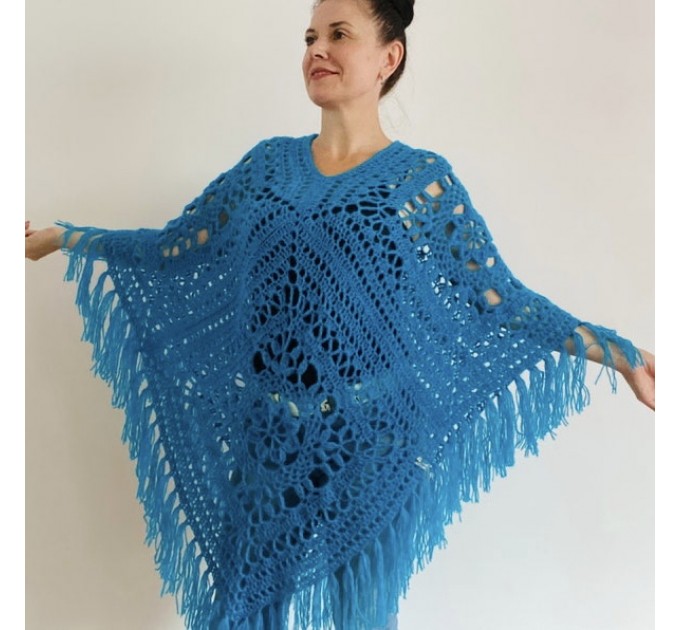  Turquoise woman poncho fringe Emerald wool cape cover up Hippie poncho women granny square poncho Blue wrap anniversary gift wife mom sister  Mohair / Alpaca  2