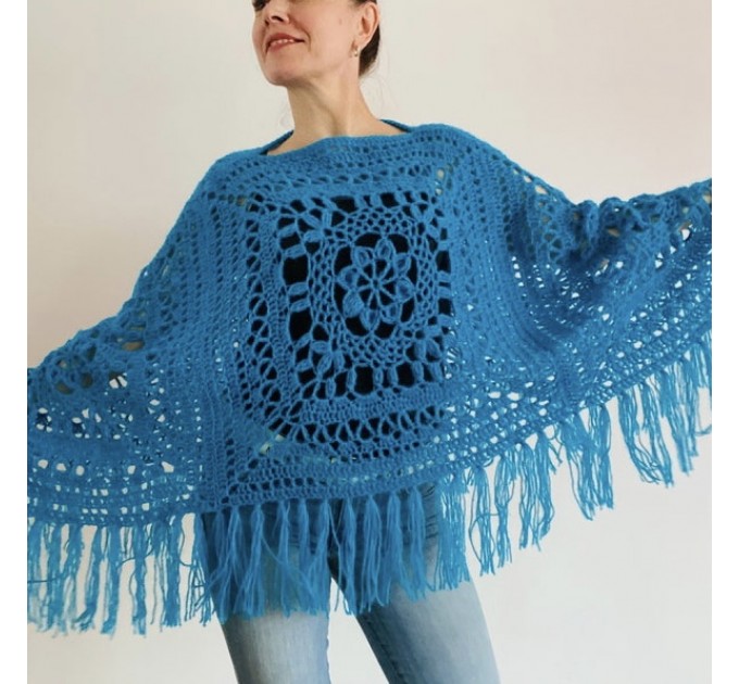  Bordo poncho women, Plus size wool poncho fringe, Boho Triangle shawl, Mohair poncho cape Festival loose knit Black Blue  Mohair / Alpaca  7