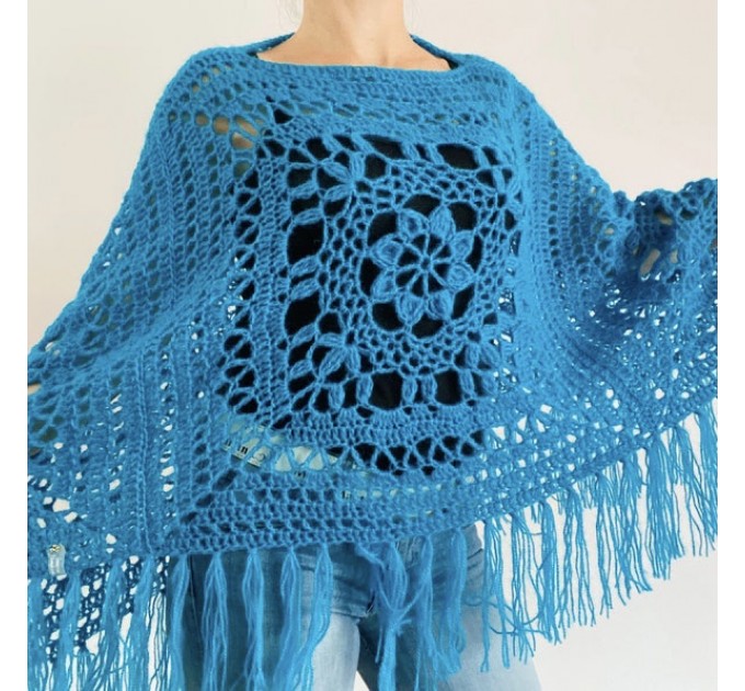  Turquoise woman poncho fringe Emerald wool cape cover up Hippie poncho women granny square poncho Blue wrap anniversary gift wife mom sister  Mohair / Alpaca  4