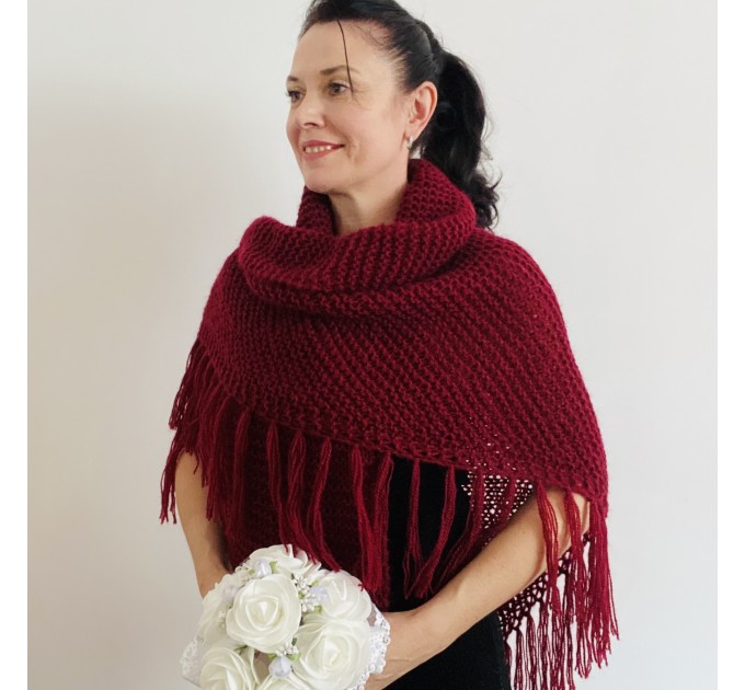  Burgundy winter bridal shawl knit shoulder wrap wool triangle shawl fringe mohair bride shawl wedding shawl anniversary gift mom wife her  Shawl / Wraps  3