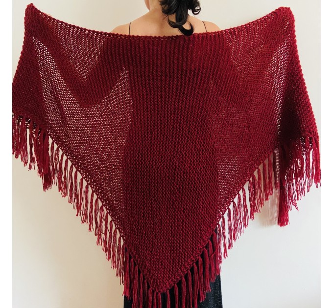  Burgundy winter bridal shawl knit shoulder wrap wool triangle shawl fringe mohair bride shawl wedding shawl anniversary gift mom wife her  Shawl / Wraps  4