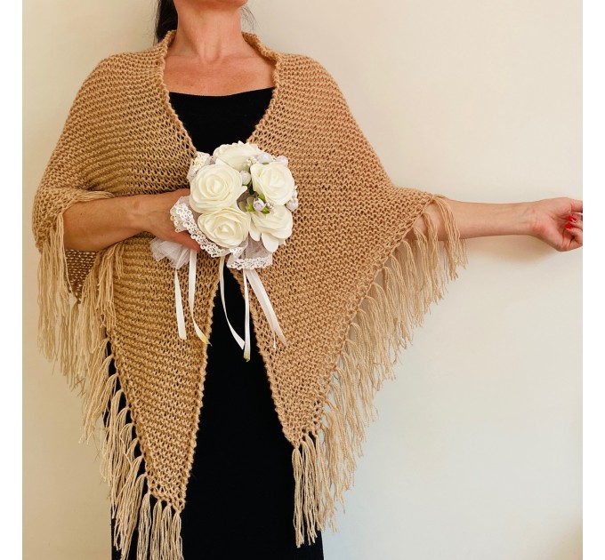  Beige Wedding Shawl Mohair Wool Bridal Wrap With Fringe Bride Triangle Scarf  Shawl / Wraps  