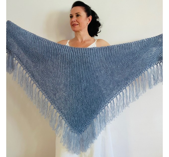  Light blue bridal wool triangle shawl fringe mohair warm knit shoulder wrap winter crochet wedding shawl large pashmina anniversary gift  Shawl / Wraps  2