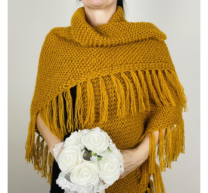  Mustard bridal shawl warm knit shoulder wrap fall mohair triangle shawl fringe wool winter wedding shawl bridal cover up anniversary gift  Shawl / Wraps  