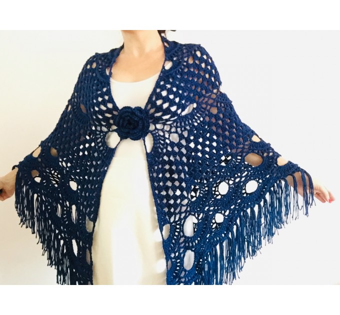 Navy Blue Bridal Shawl Triangle Cashmere Shawl Fringe Bridesmaid gift Boho Wedding capelet shawl winter