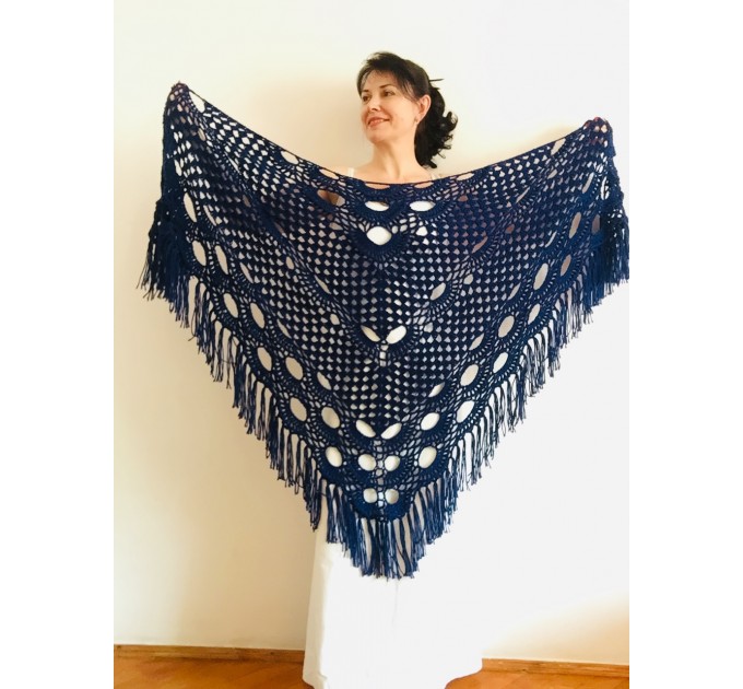 Navy Blue Bridal Shawl Triangle Cashmere Shawl Fringe Bridesmaid gift Boho Wedding capelet shawl winter