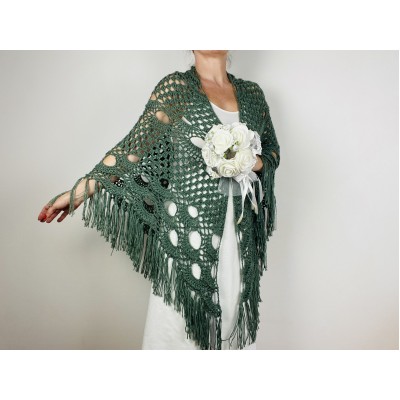 Green wedding wool shawl fringe, cashmere women triangle shawl, plus size bride shawl, alpaca bridal shawl, silk bridesmaid shawl