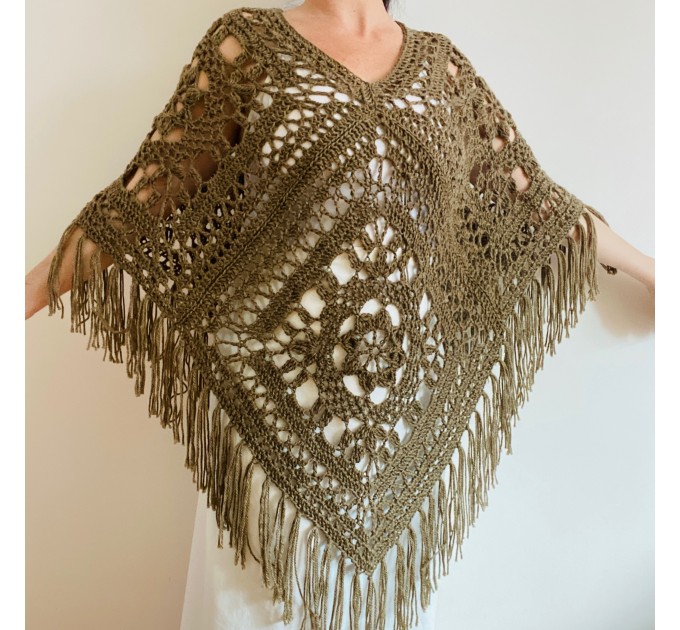  Women Poncho, Wool Poncho, Plus Size Poncho, Alpaca Poncho, Taupe Shawl, Crochet Winter Warm Fringe Poncho, Fall Knit Poncho  Mohair / Alpaca  