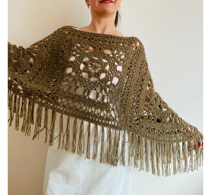  Women Poncho, Wool Poncho, Plus Size Poncho, Alpaca Poncho, Taupe Shawl, Crochet Winter Warm Fringe Poncho, Fall Knit Poncho  Mohair / Alpaca  6