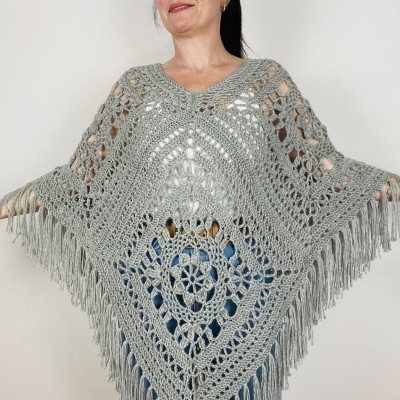 Poncho Women, Wool Poncho, Gray Alpaca Poncho, Plus Size Poncho, Crochet Winter Warm Fringe Poncho, Fall Knit Poncho