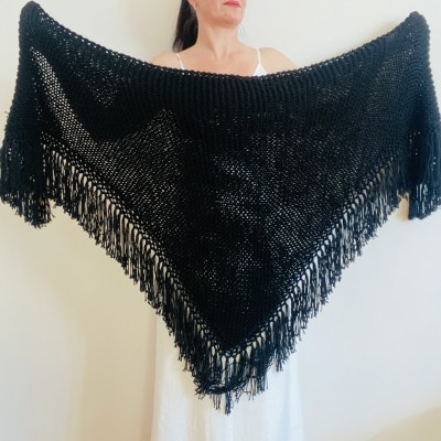 Black Wedding Shawl, Bridal Shawl, Alpaca Shawl, Plus Size Bride Shawl, Knit Shoulders Wrap, Cashmere Shawl, Triangle Fringe Shawl Crochet