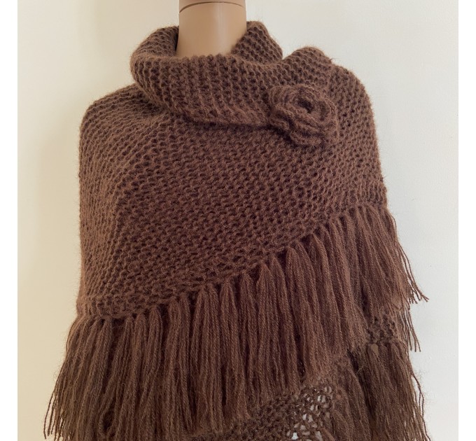  Wedding Shawl, Bridal Wrap, Alpaca Shawl, Brown Wool Knit Shoulders Wrap, Plus Size Bride Shawl, Bridesmaid Shawl, Triangle Fringe Shawl  Shawl / Wraps  5