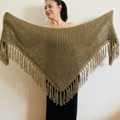 Wedding Shawl, Bridal Wrap, Alpaca Shawl, Brown Wool Knit Shoulders Wrap, Plus Size Bride Shawl, Bridesmaid Shawl, Triangle Fringe Shawl