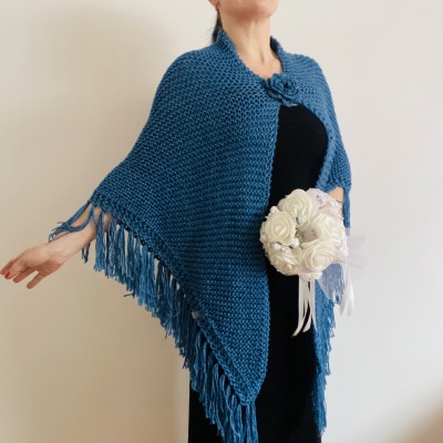 Blue Wedding Shawl For Bride Alpaca Wool Bridal Shoulder Wrap Women Triangle Scarf Knit