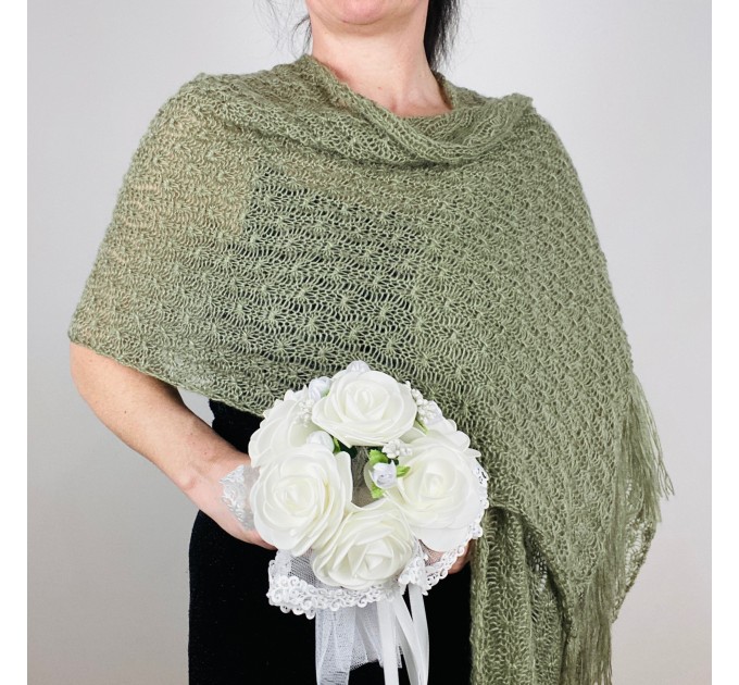 Olive green wedding shawl fringe, bridal pashmina scarf, bride cover up, knitted rectangular shawl, almond bridesmaid wrap