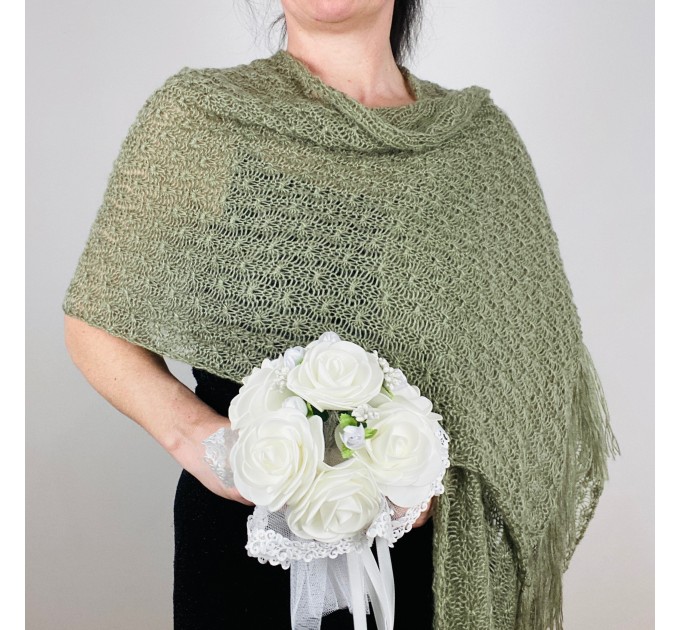  Olive green wedding shawl fringe, bridal pashmina scarf, bride cover up, knitted rectangular shawl, almond bridesmaid wrap  Shawl / Wraps  