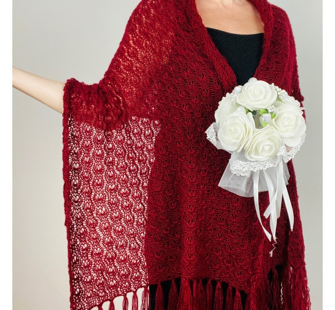 Burgundy wedding bridal shawl fringed, red mother of bride shawl, wool mohair shawl, pashmina scarf, rectangular bridesmaid shawl, evening shoulders wrap