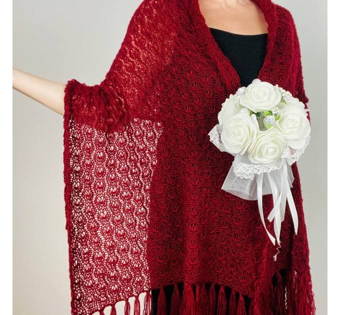  Burgundy wedding bridal shawl fringed, red mother of bride shawl, wool mohair shawl, pashmina scarf, rectangular bridesmaid shawl, evening shoulders wrap  Shawl / Wraps  