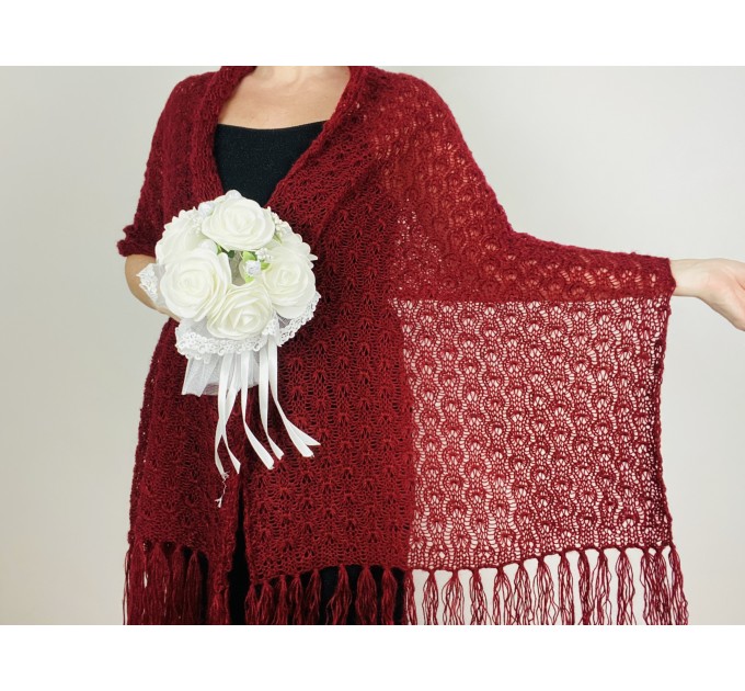  Burgundy wedding bridal shawl fringed, red mother of bride shawl, wool mohair shawl, pashmina scarf, rectangular bridesmaid shawl, evening shoulders wrap  Shawl / Wraps  3