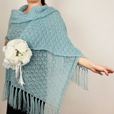 Light blue wedding wrap, bridal shawl, evening shoulder wrap, wedding shawl, bride cover up, lace bridal scarf, bridesmaid lightweight mohair pashmina scarf