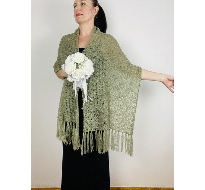  Olive green wedding shawl fringe, bridal pashmina scarf, bride cover up, knitted rectangular shawl, almond bridesmaid wrap  Shawl / Wraps  7