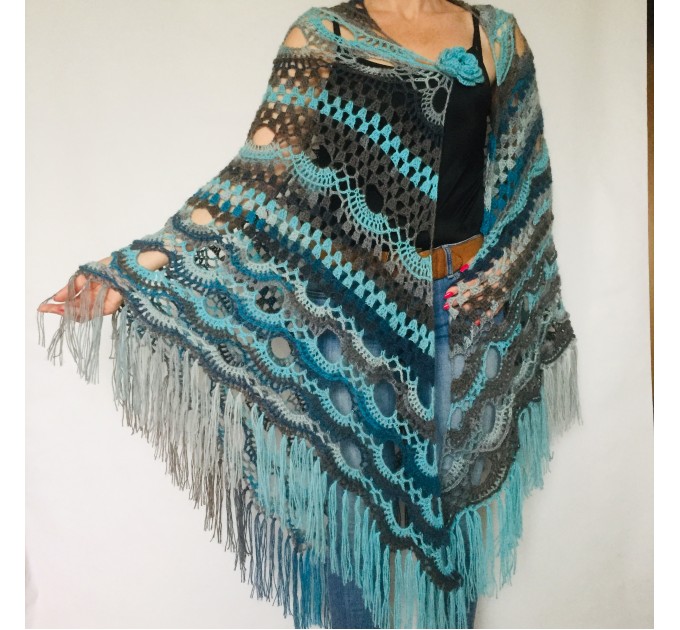  Light Gray Triangle Shawl Fringe, Blue Plus Size Poncho Women Alpaca, Hand knit Mohair Crochet Wool Warm Large Scarf White Black Green Pink  Mohair / Alpaca  1