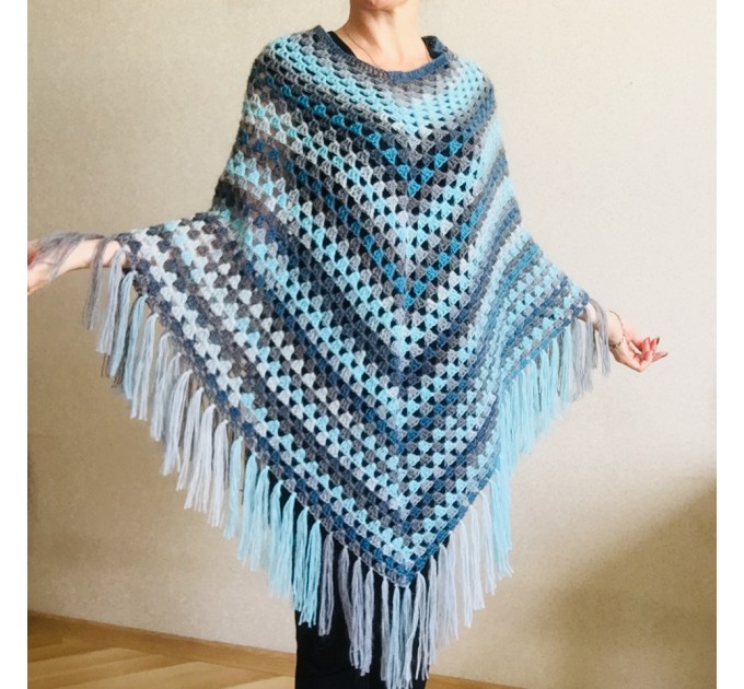 Blue wool poncho Alpaca Plus Size Poncho Women, Hand knit Crochet Wool Warm Triangle Poncho Blue White Gray Black 