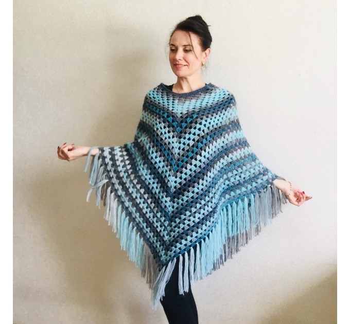  Blue wool poncho Alpaca Plus Size Poncho Women, Hand knit Crochet Wool Warm Triangle Poncho Blue White Gray Black   Mohair / Alpaca  2