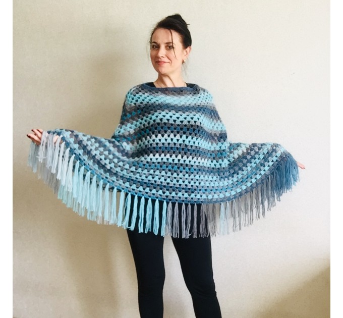  Blue wool poncho Alpaca Plus Size Poncho Women, Hand knit Crochet Wool Warm Triangle Poncho Blue White Gray Black   Mohair / Alpaca  4