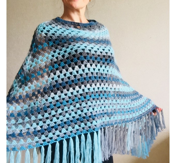  Blue wool poncho Alpaca Plus Size Poncho Women, Hand knit Crochet Wool Warm Triangle Poncho Blue White Gray Black   Mohair / Alpaca  5