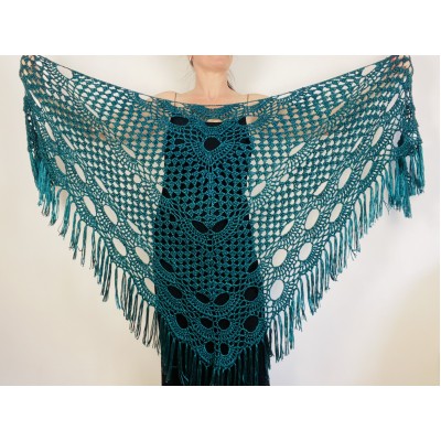 Emerald bridal shawl, wedding wool shawl, teal green women fringe shawl, bridesmaid wrap, bride plus size shawl, crochet triangle shawl