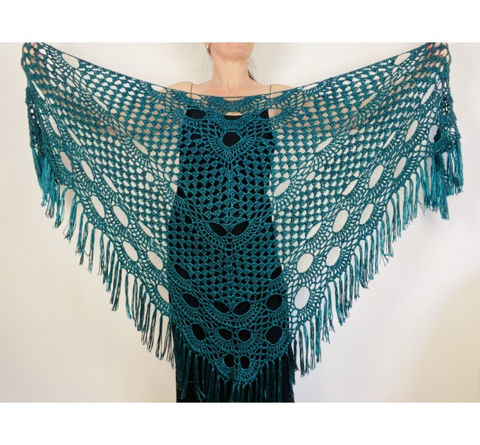  Emerald bridal shawl, wedding wool shawl, teal green women fringe shawl, bridesmaid wrap, bride plus size shawl, crochet triangle shawl  Shawl / Wraps  