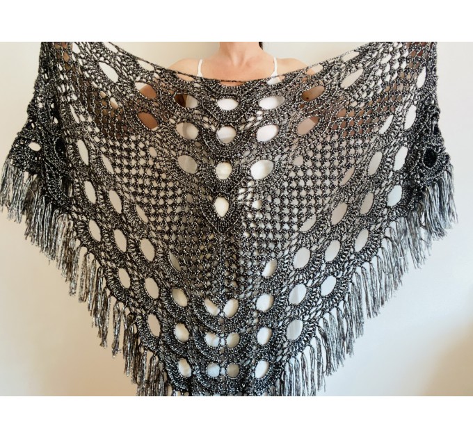  Black silver wedding wool shawl metallic bridal shawl dark gray women fringe shawl bride shawl plus size crochet triangle shawl  Shawl / Wraps  