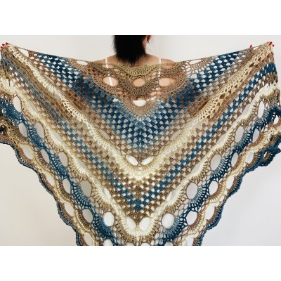 Beige blue women shawl wrap boho summer triangle fringe shawl soft acrylic vegan shawl crochet gradient evening wraps