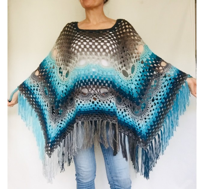  Crochet Poncho Women Plus Size Rainbow Festival Pride Vegan Clothing Fringe, Hippie Poncho bohemian clothing, Hand Knit Boho Wraps  Acrylic / Vegan  5