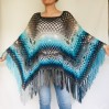 Blue Poncho Fringe Jacket, Rainbow Knit Poncho, Crochet Shawl Wraps, Plus Size Winter Cape Vegan Clothing, Oversized Warm Coat Sweater