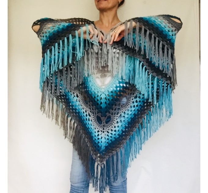  Blue Poncho Fringe Jacket, Rainbow Knit Poncho, Crochet Shawl Wraps, Plus Size Winter Cape Vegan Clothing, Oversized Warm Coat Sweater  Acrylic / Vegan  1