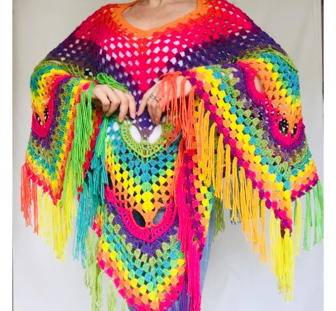  Crochet Poncho Women Plus Size Rainbow Festival Pride Vegan Clothing Fringe, Hippie Poncho bohemian clothing, Hand Knit Boho Wraps  Acrylic / Vegan  2