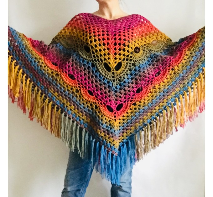  Blue Poncho Fringe Jacket, Rainbow Knit Poncho, Crochet Shawl Wraps, Plus Size Winter Cape Vegan Clothing, Oversized Warm Coat Sweater  Acrylic / Vegan  3