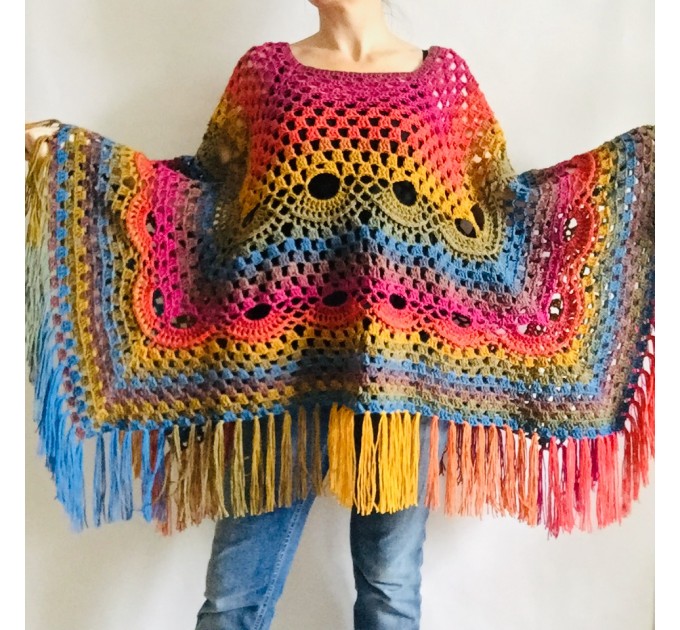  Crochet Poncho Women Plus Size Rainbow Festival Pride Vegan Clothing Fringe, Hippie Poncho bohemian clothing, Hand Knit Boho Wraps  Acrylic / Vegan  4