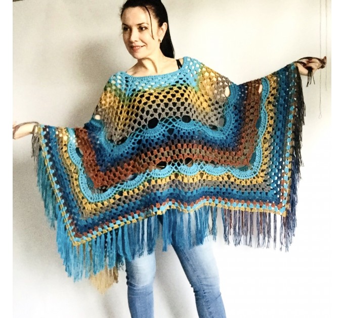  Crochet Poncho Shawl Rainbow Plus Size Wraps Birthday Gift Women Bohemian Festi Vegan Clothing Fringe Custom Colours Granny Square 3XL 2XL  Acrylic / Vegan  7