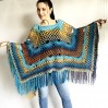 Blue Crochet Poncho Women, Unisex Poncho Men Triangle Shawl Wraps Fringe, Plus size Festival Poncho Vegan Granny square coat Pride