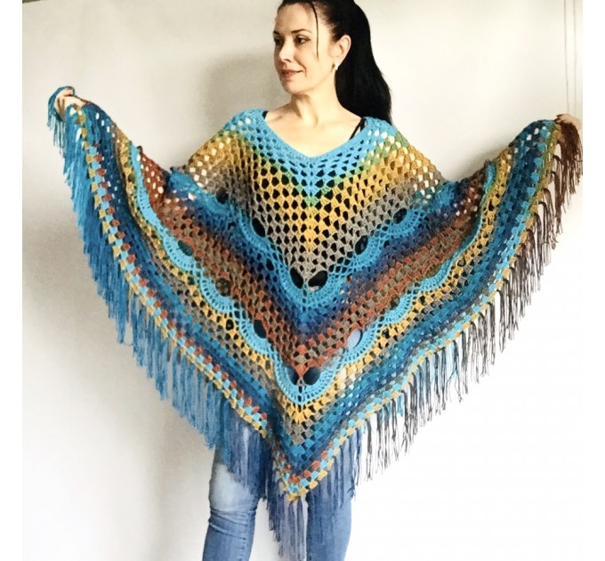  Blue Poncho Fringe Jacket, Rainbow Knit Poncho, Crochet Shawl Wraps, Plus Size Winter Cape Vegan Clothing, Oversized Warm Coat Sweater  Acrylic / Vegan  7