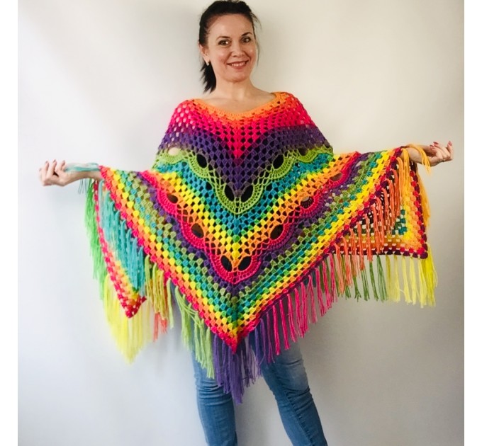  Crochet Poncho Women Plus Size Rainbow Festival Pride Vegan Clothing Fringe, Hippie Poncho bohemian clothing, Hand Knit Boho Wraps  Acrylic / Vegan  1