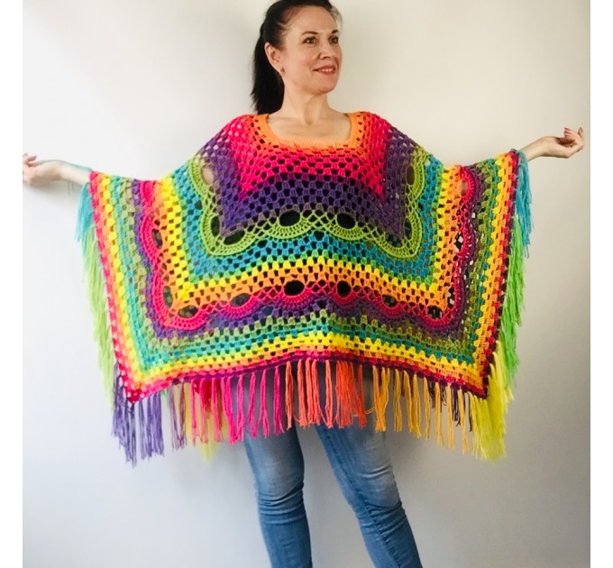  Crochet Poncho Shawl Rainbow Plus Size Wraps Birthday Gift Women Bohemian Festi Vegan Clothing Fringe Custom Colours Granny Square 3XL 2XL  Acrylic / Vegan  4