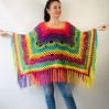 Crochet Poncho Women Plus Size Rainbow Festival Pride Vegan Clothing Fringe, Hippie Poncho bohemian clothing, Hand Knit Boho Wraps