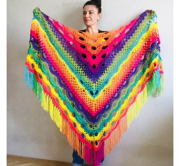  Rainbow Neon Shawl Fringe Plus Size Shawl Rainbow Granny Square Shawl Pride Women Crochet Triangle Wrap Man Festival Vegan Unisex   Acrylic / Vegan  1