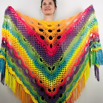 Rainbow Neon Shawl Fringe Plus Size Shawl Rainbow Granny Square Shawl Pride Women Crochet Triangle Wrap Man Festival Vegan Unisex 