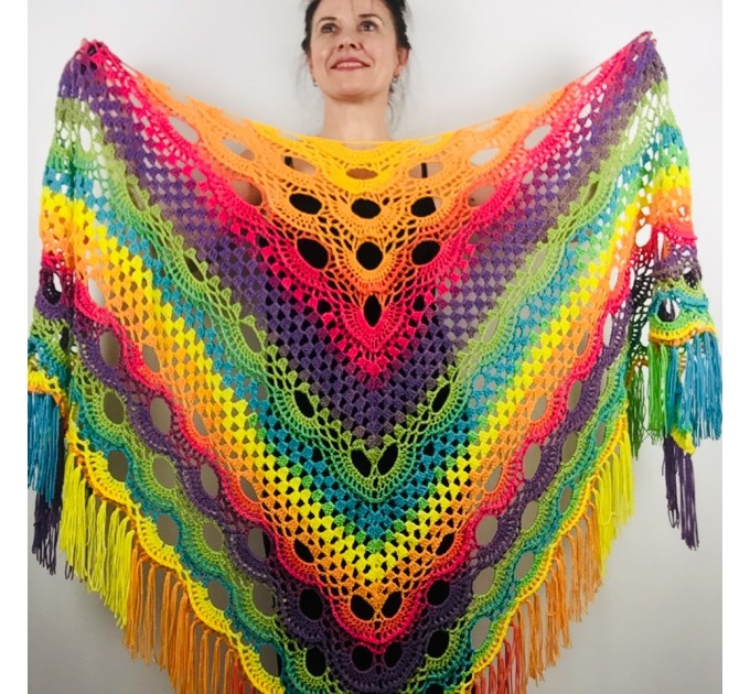 Rainbow Neon Shawl Fringe Plus Size Shawl Rainbow Granny Square Shawl Pride Women Crochet Triangle Wrap Man Festival Vegan Unisex 